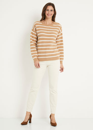 Pull doux rayé col rond maille fantaisie Camel/Ecru