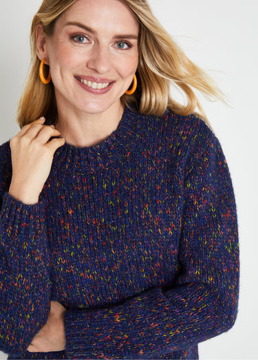 Pull chaud mouliné col rond avec laine et mohair Marine/Fuchsia