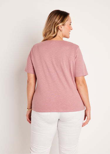 T-shirt manches courtes coton et macramé Rose