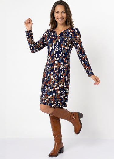 Robe courte évasée feuilles maille chaude Bleu / Écru
