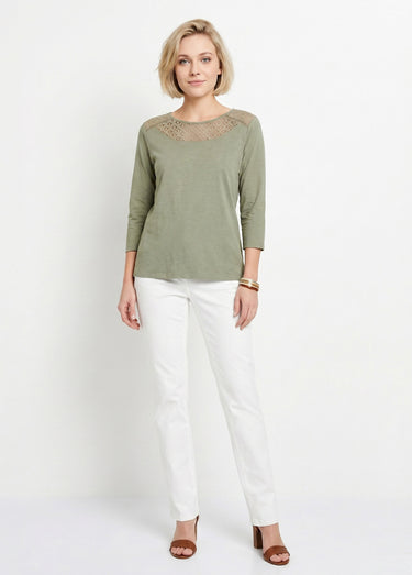 T-shirt coton et dentelle manches 3/4 Kaki
