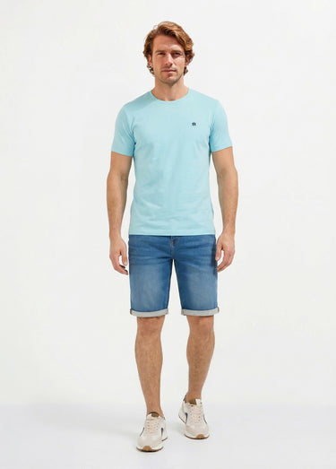 T-shirt col rond brodé manches courtes Bleu Ciel