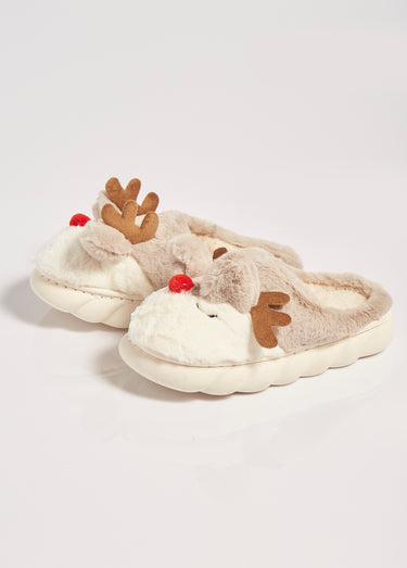 Chaussons chauds en fourrure thème Noël Beige