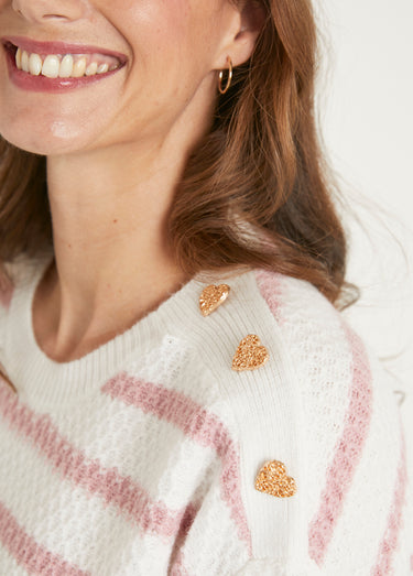 Pull doux rayé col rond maille fantaisie Ecru/Vieux Rose