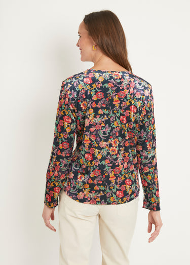 T-shirt court velours ras fleuri col V Marine/Rose