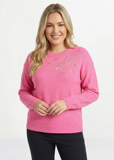 Pull doux col rond avec strass et sequins Rose