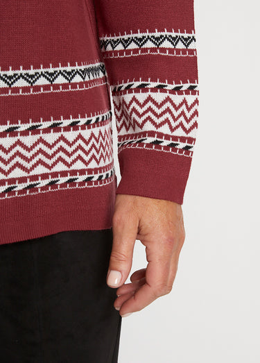 Pull-tunique doux mi-long jacquard col rond Bordeaux