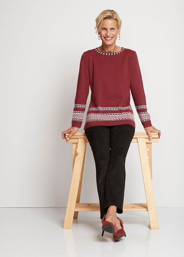 Pull-tunique doux mi-long jacquard col rond Bordeaux