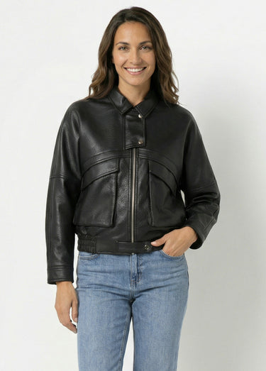 Blouson simili cuir, taille élastiquée Noir