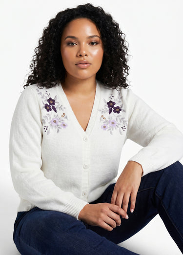 Gilet doux uni col V boutonné court brodé Ecru