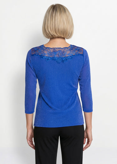 T-shirt manches 3/4 brodé brillant Bleu Cobalt