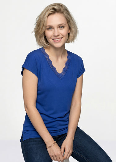 T-shirt court extensible dentelle Bleu