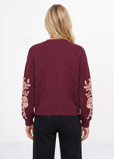 Pull col rond manches longues brodées Bordeaux
