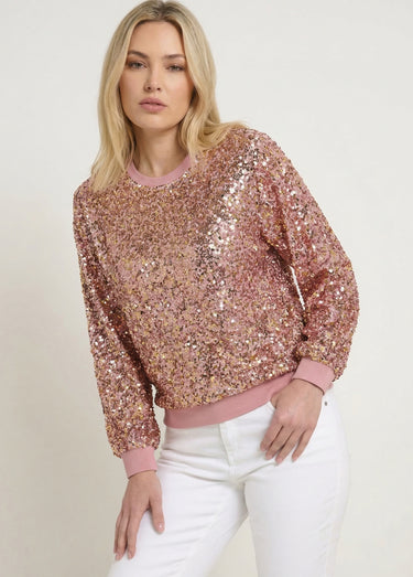 Sweat pailleté à sequins et col rond Rose/Or