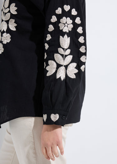 Chemiser boutonné avec broderies fleurs Noir/Beige