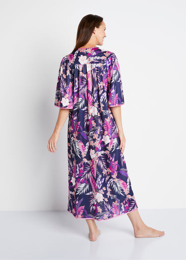 Peignoir long satiné fleuri boutonné Imprime Violet