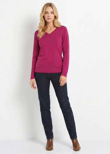 Pull fin col V jersey uni avec laine mérinos Cassis