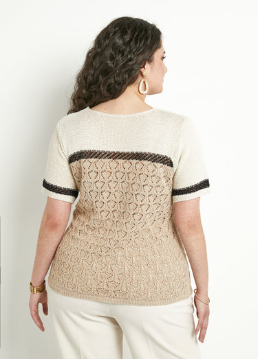 Pull doux brillant manches courtes col rond Beige/Noir