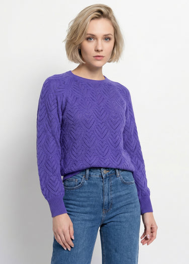 Pull doux court col rond uni ajouré Violet