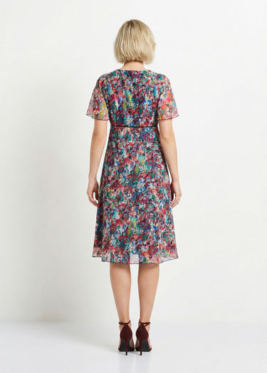 Robe courte dentelle fleurie évasée Fuchsia/Bleu