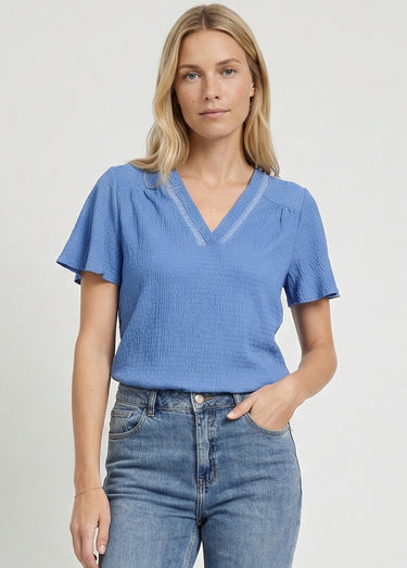 Tunique texturée, encolure V avec galon Bleu denim