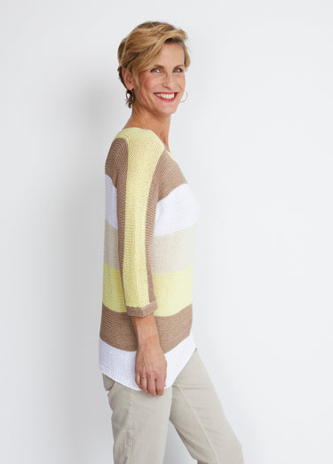 Pull rayé manches 3/4 point mousse Jaune/Dore