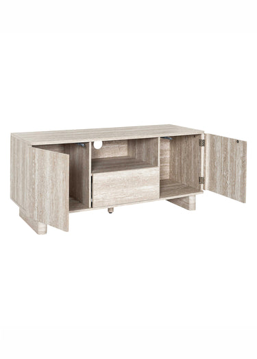 Meuble TV 3 portes, aspect pierre travertin Blanc/Beige