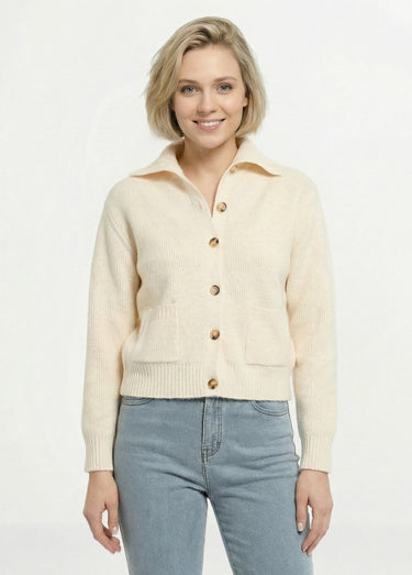 Gilet boutonné chaud côtelé avec laine et fibres recyclées Ivoire