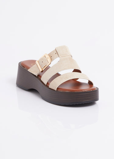 Mules plateforme 3 brides suédine Beige