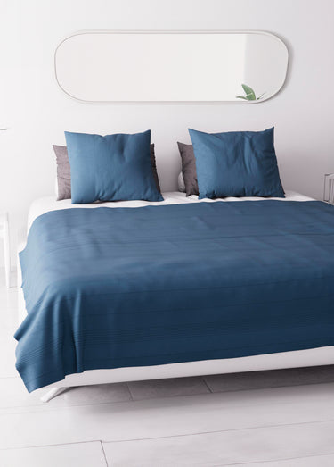 Jeté de canapé bachette coton, motif lignes Bleu