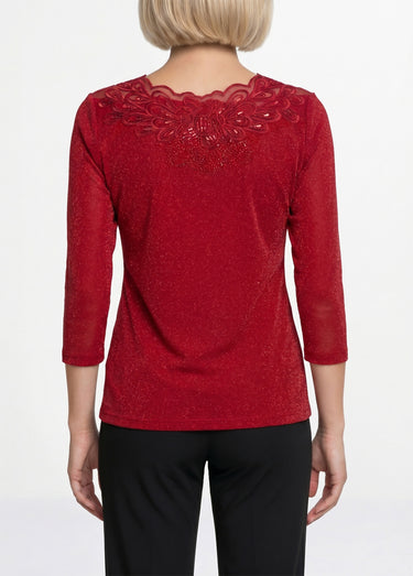 T-shirt manches 3/4 brodé brillant Rouge
