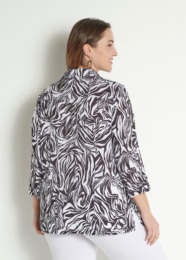 Chemisier long boutonné manches 3/4 peau de bête Noir / Blanc