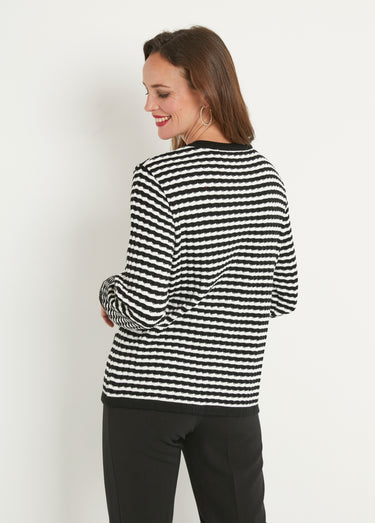 Gilet boutonné rayé chic avec col rond Noir/Ecru