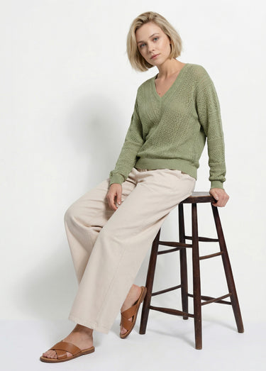 Pull maille ajourée col V Olive