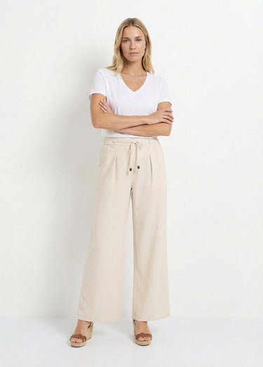 Pantalon large avec lin, style ethnique Beige
