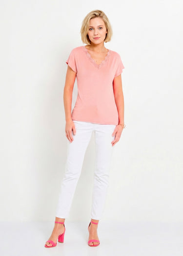 T-shirt court extensible dentelle Rose