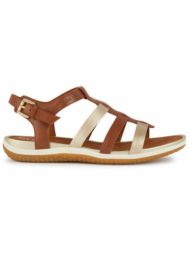 Sandales ouvertes compensées en cuir Cognac/Doré