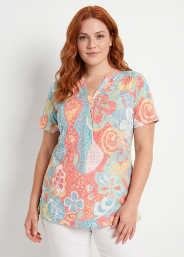 T-shirt long ample fleuri manches courtes Multicolore