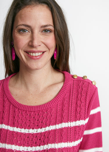 Pull rayures et boutons esprit marinière Framboise/Blanc