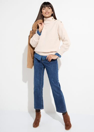 Pull col montant boutons bijou métal Beige