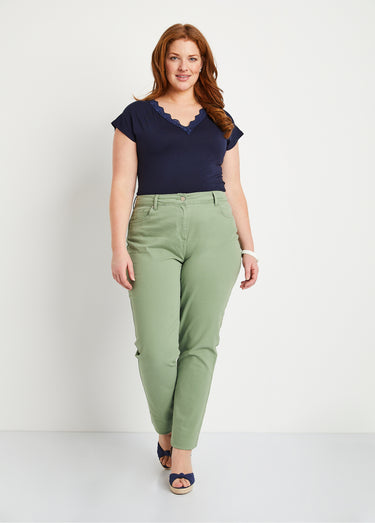 Pantalon droit coton stretch 5 poches Tilleul