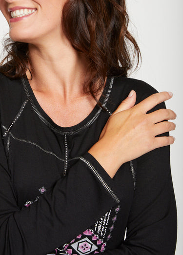 Tunique manches longues motif et strass Noir
