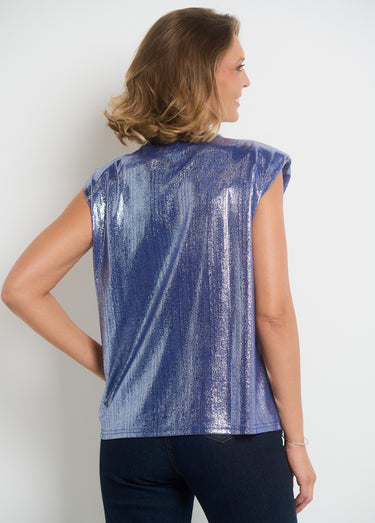 T-shirt métallisé sans manches col rond Bleu Brillant
