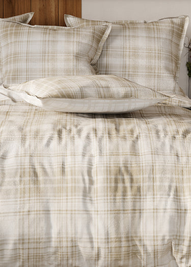 Parure de lit 4 pièces flanelle avec drap plat, carreaux Beige