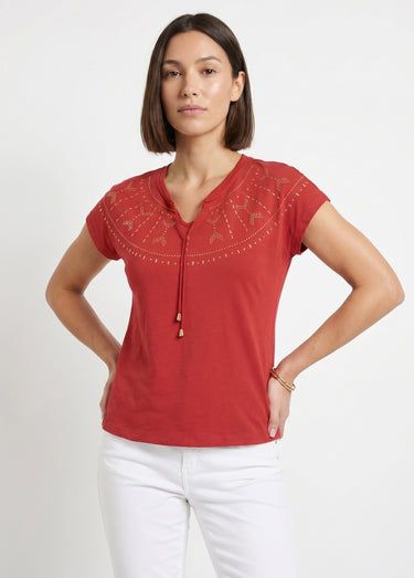T-shirt court uni clouté maille flammée Paprika