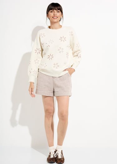Pull montant application fleurs brodées Beige