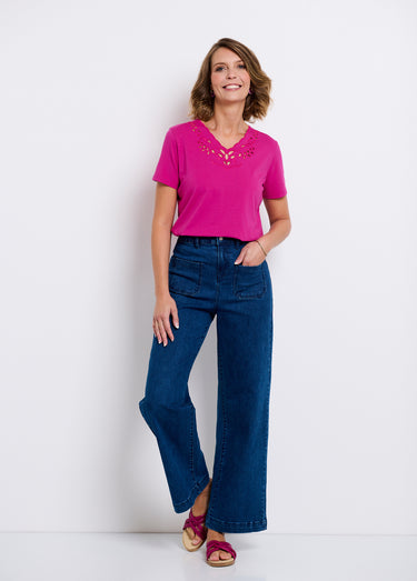 T-shirt col V ajouré brodé Fuchsia