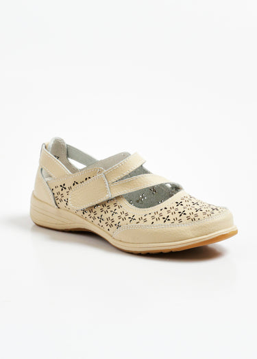 Ballerines cuir à scratch semelle confort Beige