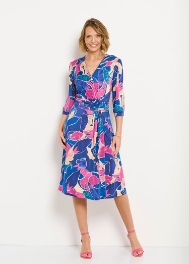 Robe cache-coeur courte motif floral évasée Bleu/Rose