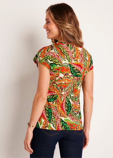 T-shirt court motif feuillage Vert/Rouge